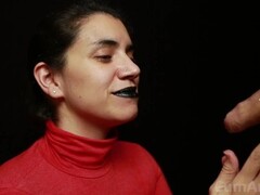 CFNM - Red turtleneck, Black lips - Handjob + Cum mouthful + Cum on clothes Thumb