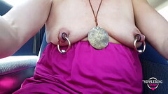 nippleringlover kinky mother flashing extreme pierced nipples pierced pussy and sexy ass on public street Thumb